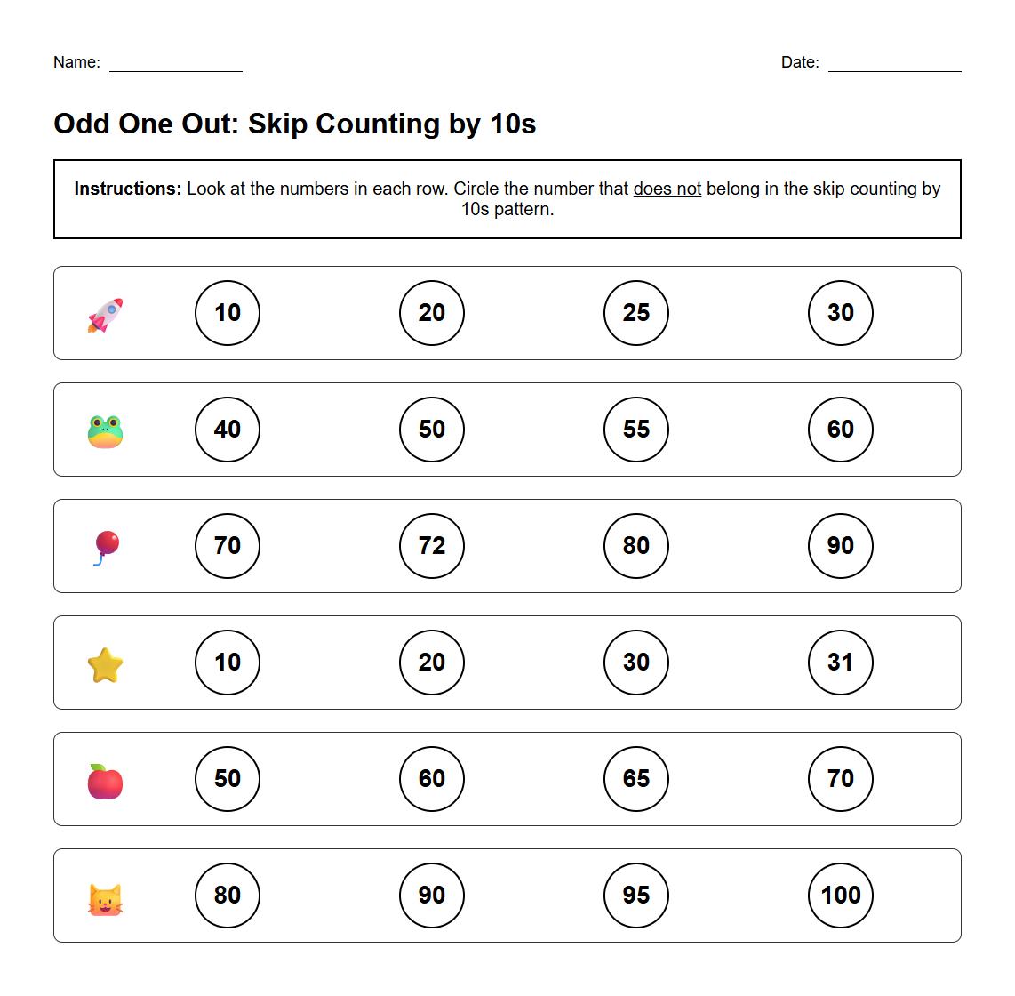 Odd One Out Skip Counting by 10s Worksheet