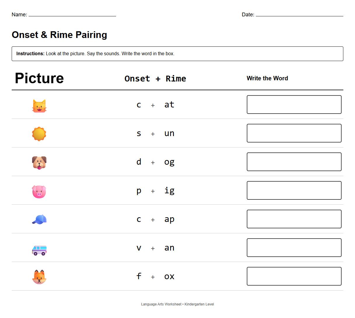 Onset and Rime Picture Pairing Grid