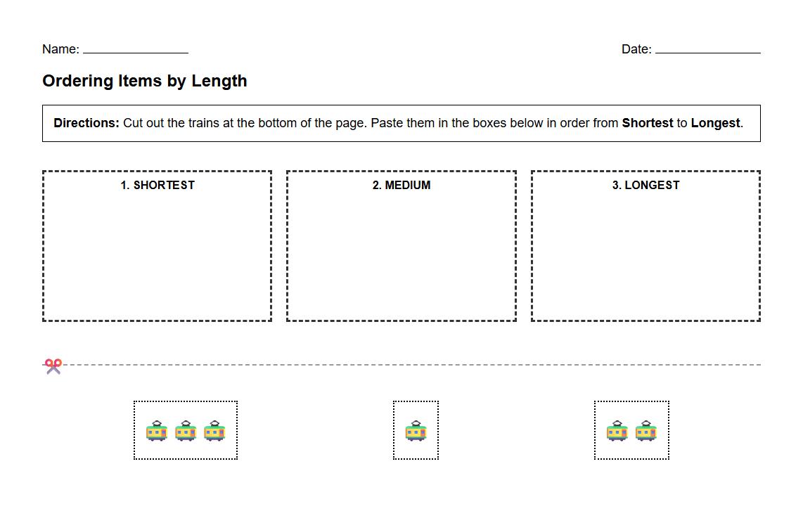 Ordering Items by Length Hands On Worksheet