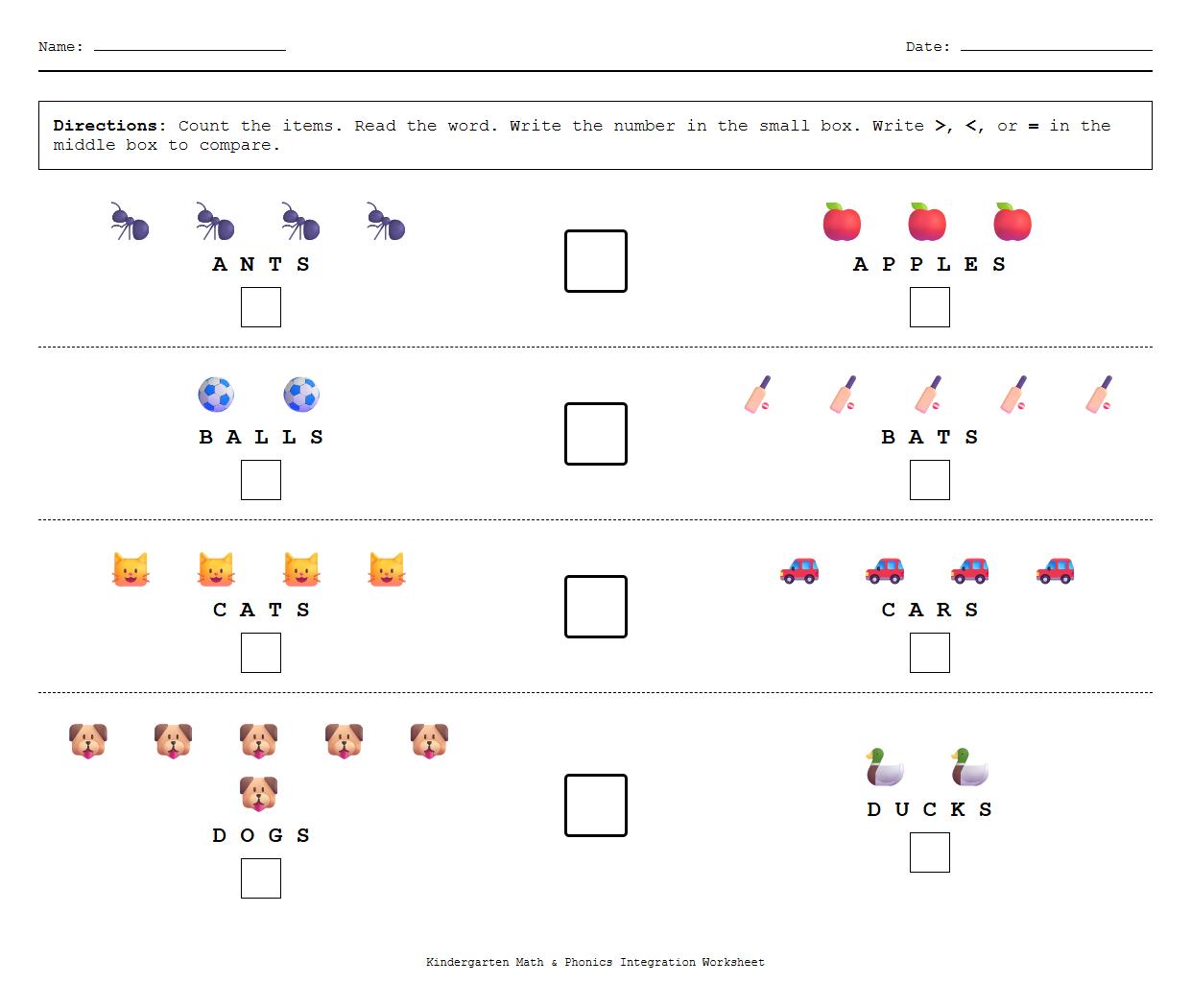 Phonics Activity for Comparing Quantity Using Object Sets