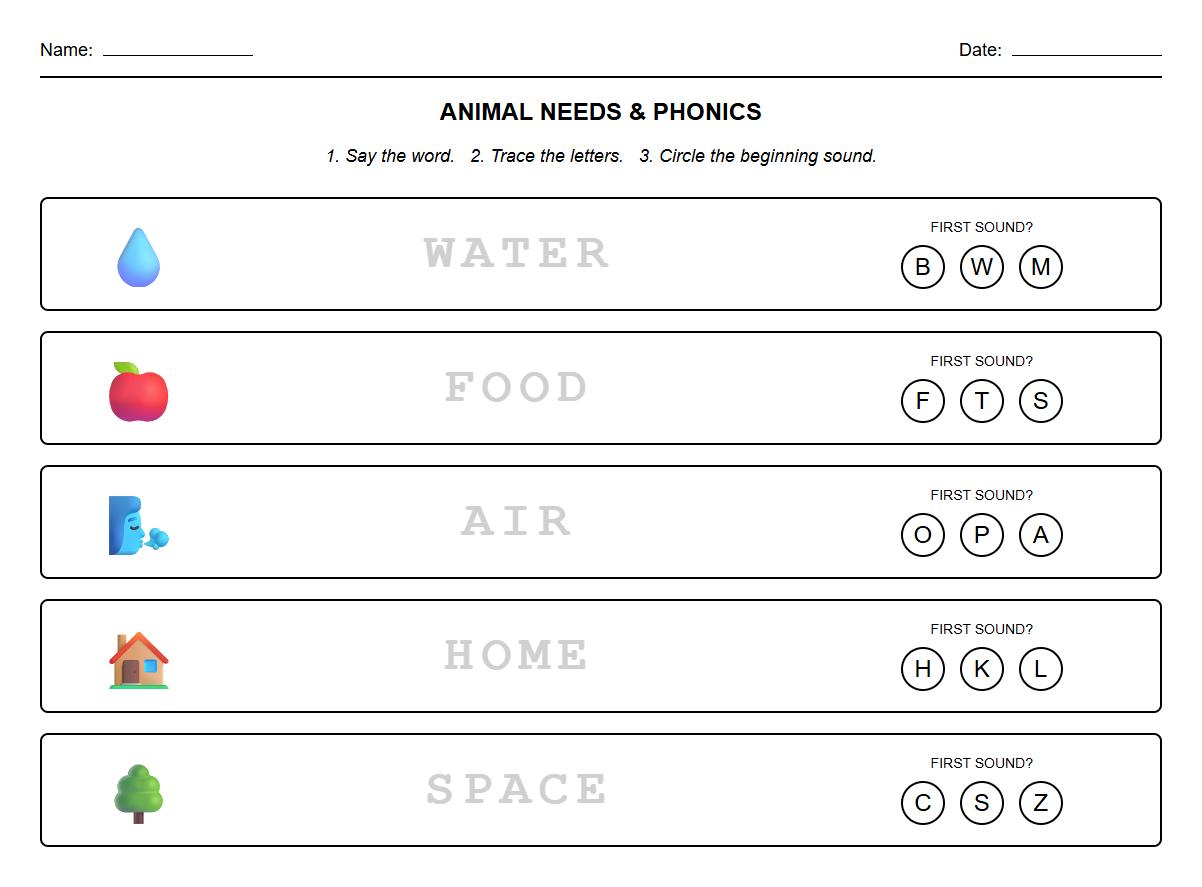 Phonics-Based Animal Needs Vocabulary Worksheet