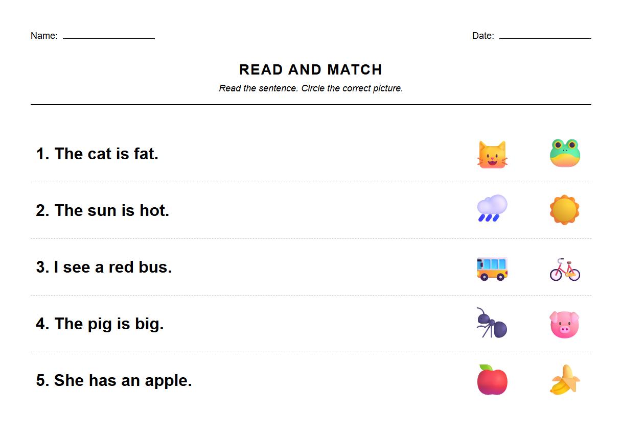 Phonics based early reading sentence worksheets