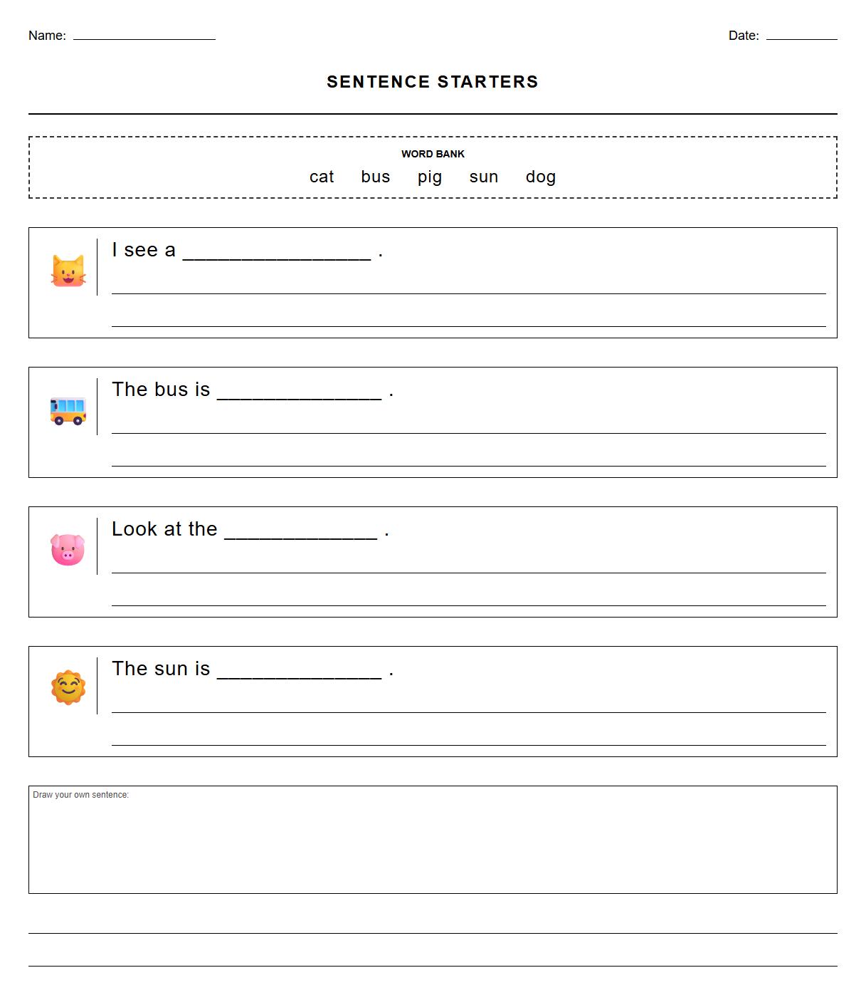 Phonics-Based Sentence Starters Worksheet