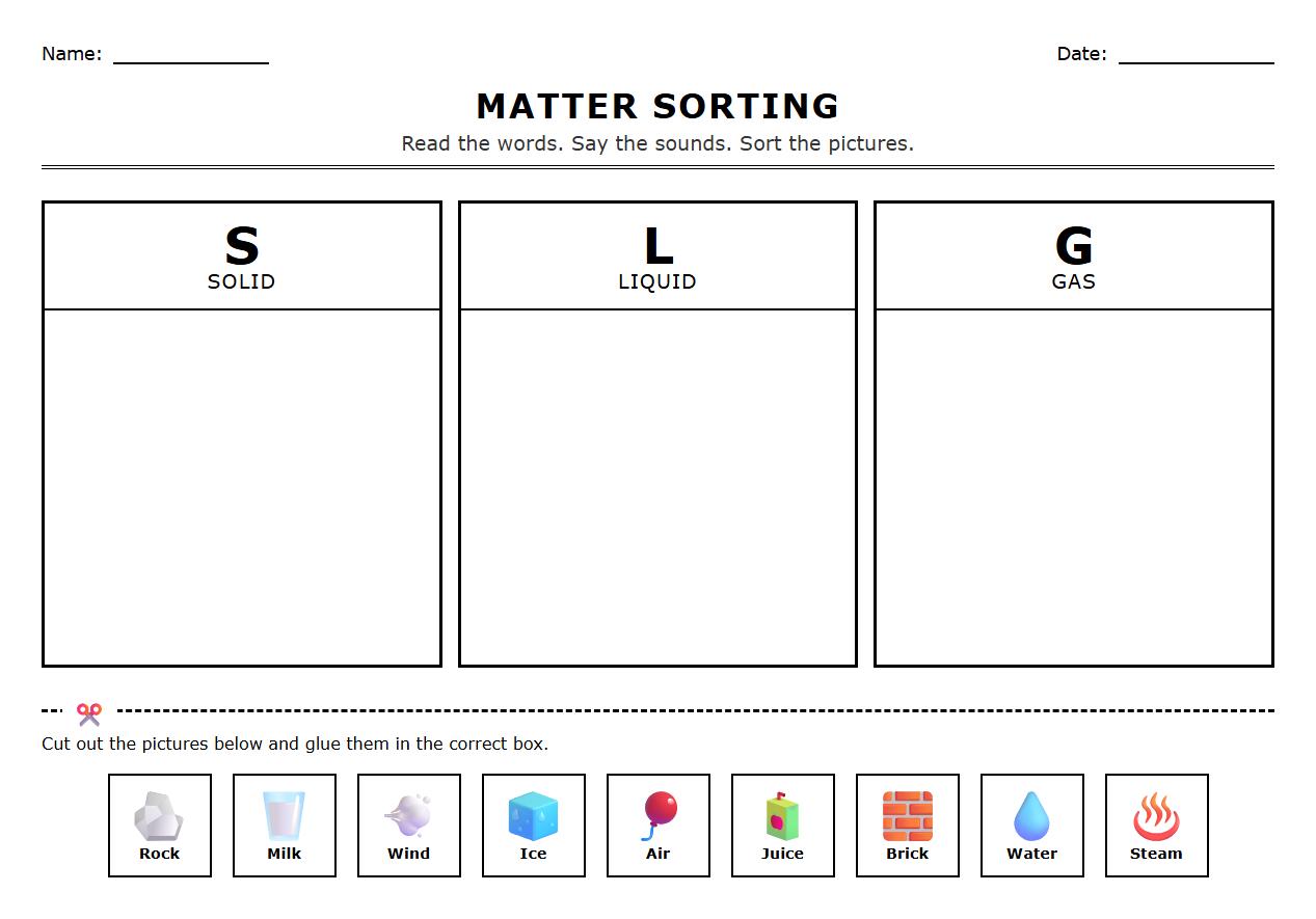 Phonics based Solid Liquid Gas Sorting Worksheet