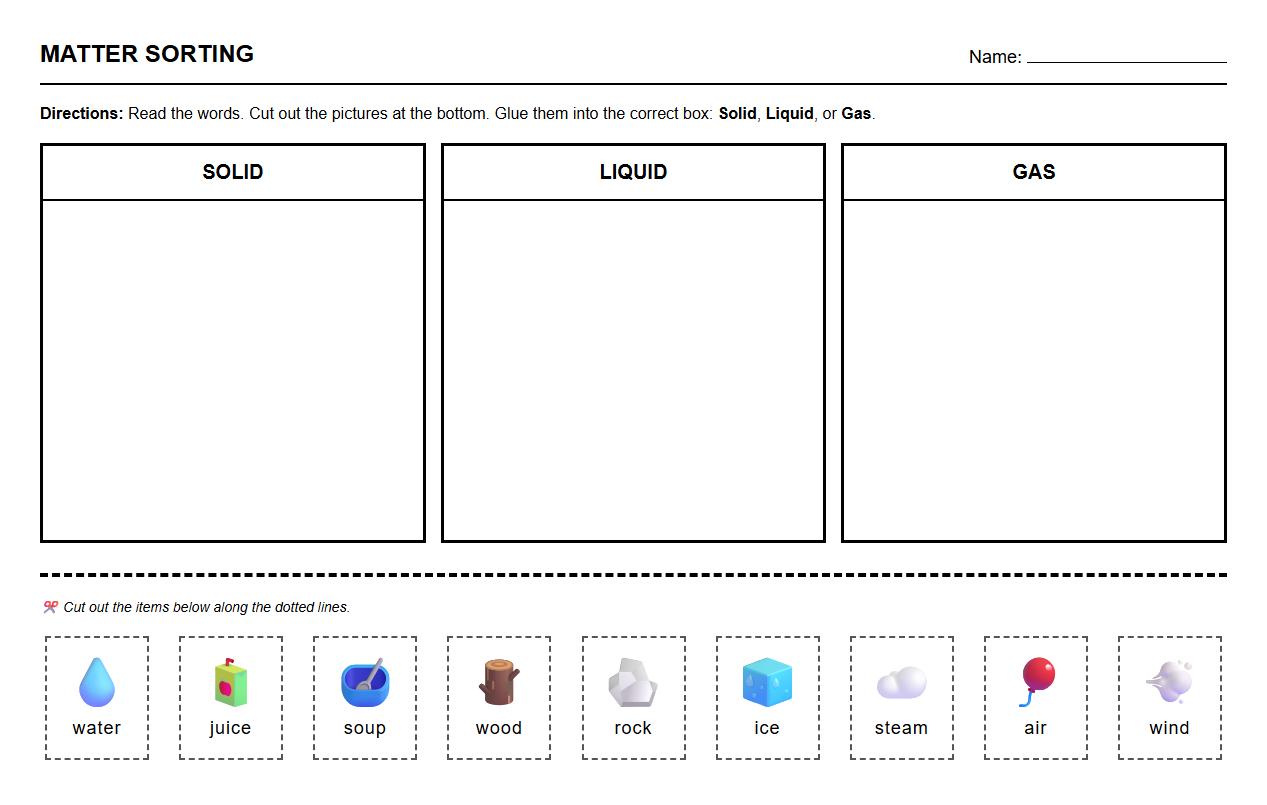 Phonics-Based Sorting Objects by States of Matter Worksheet
