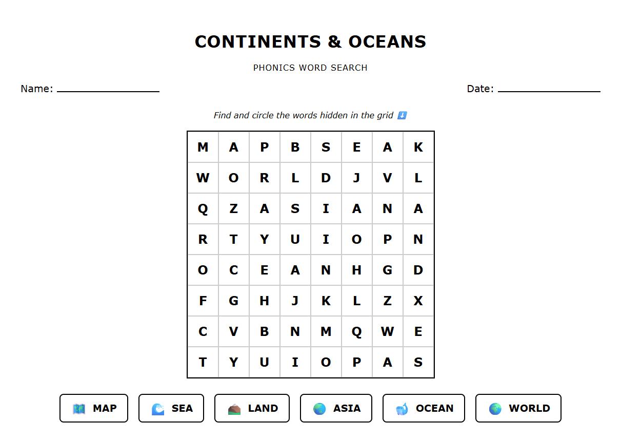 Phonics-Based Word Search: Continents and Oceans
