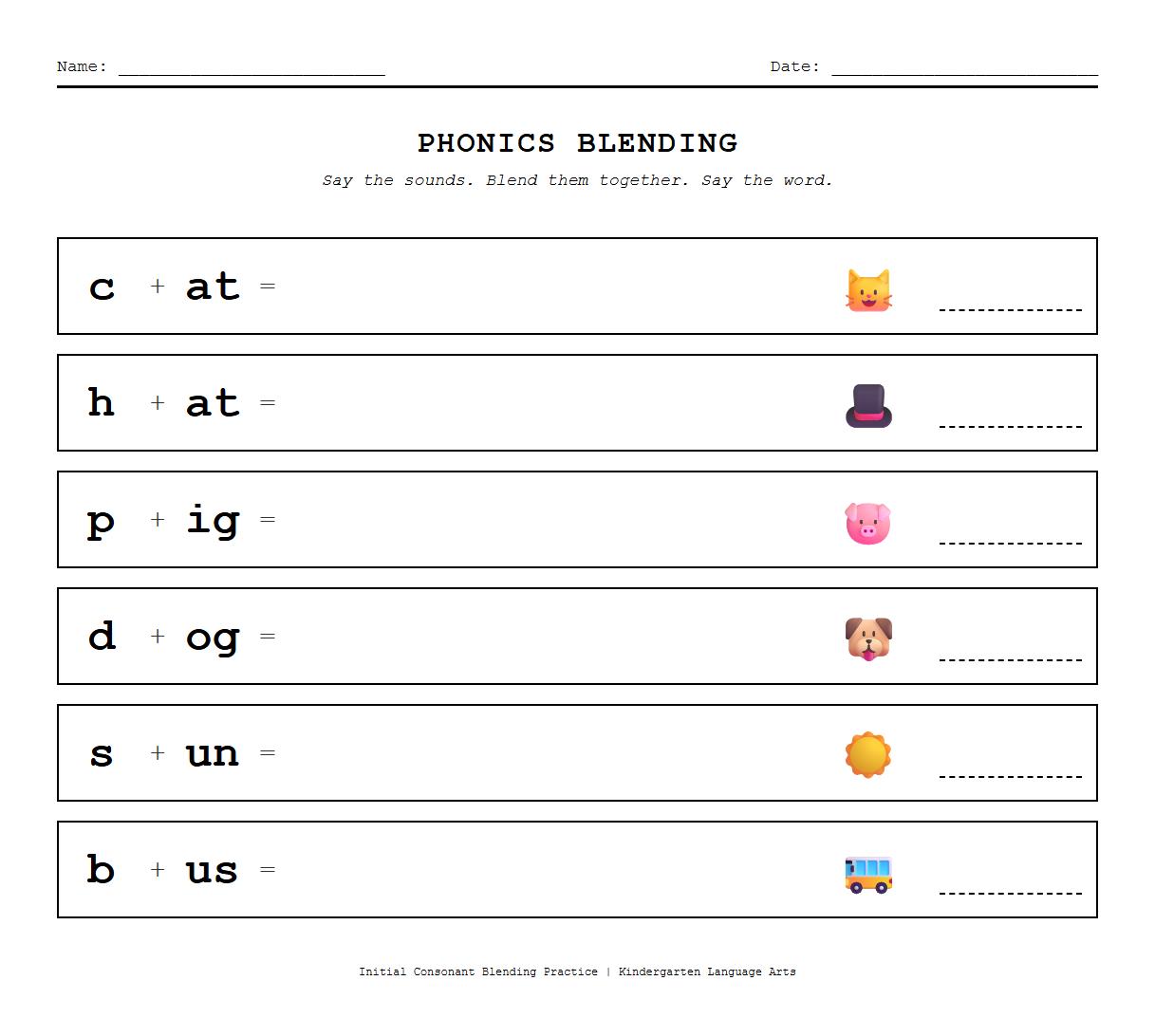 Phonics blending drills focusing on initial consonant sounds in CVC words