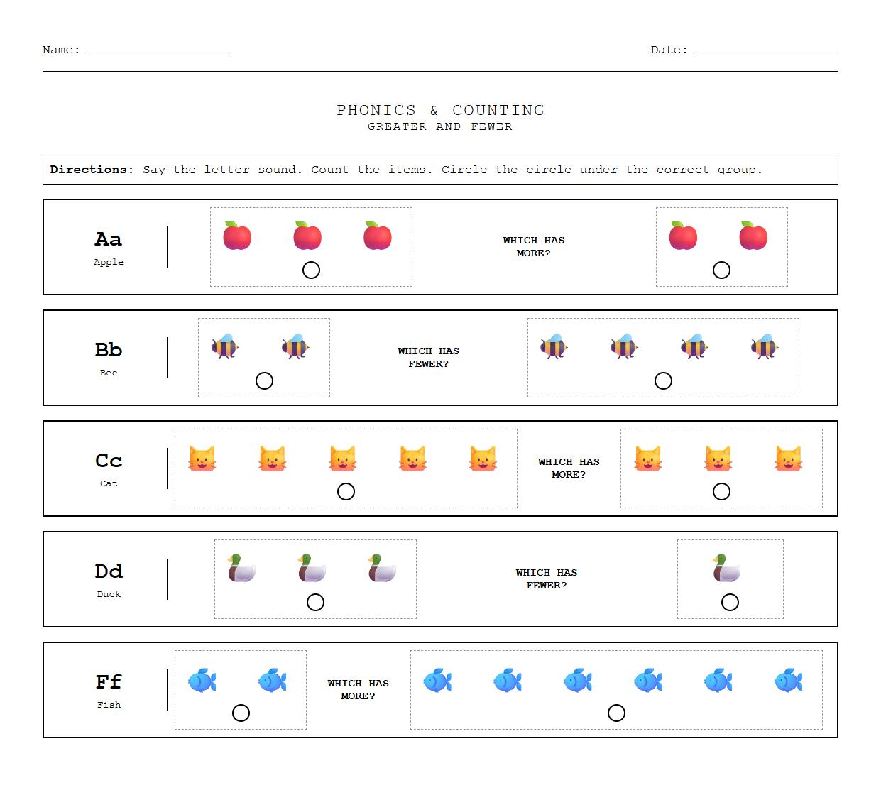 Phonics Comparison Worksheet for Counting Greater and Fewer Items