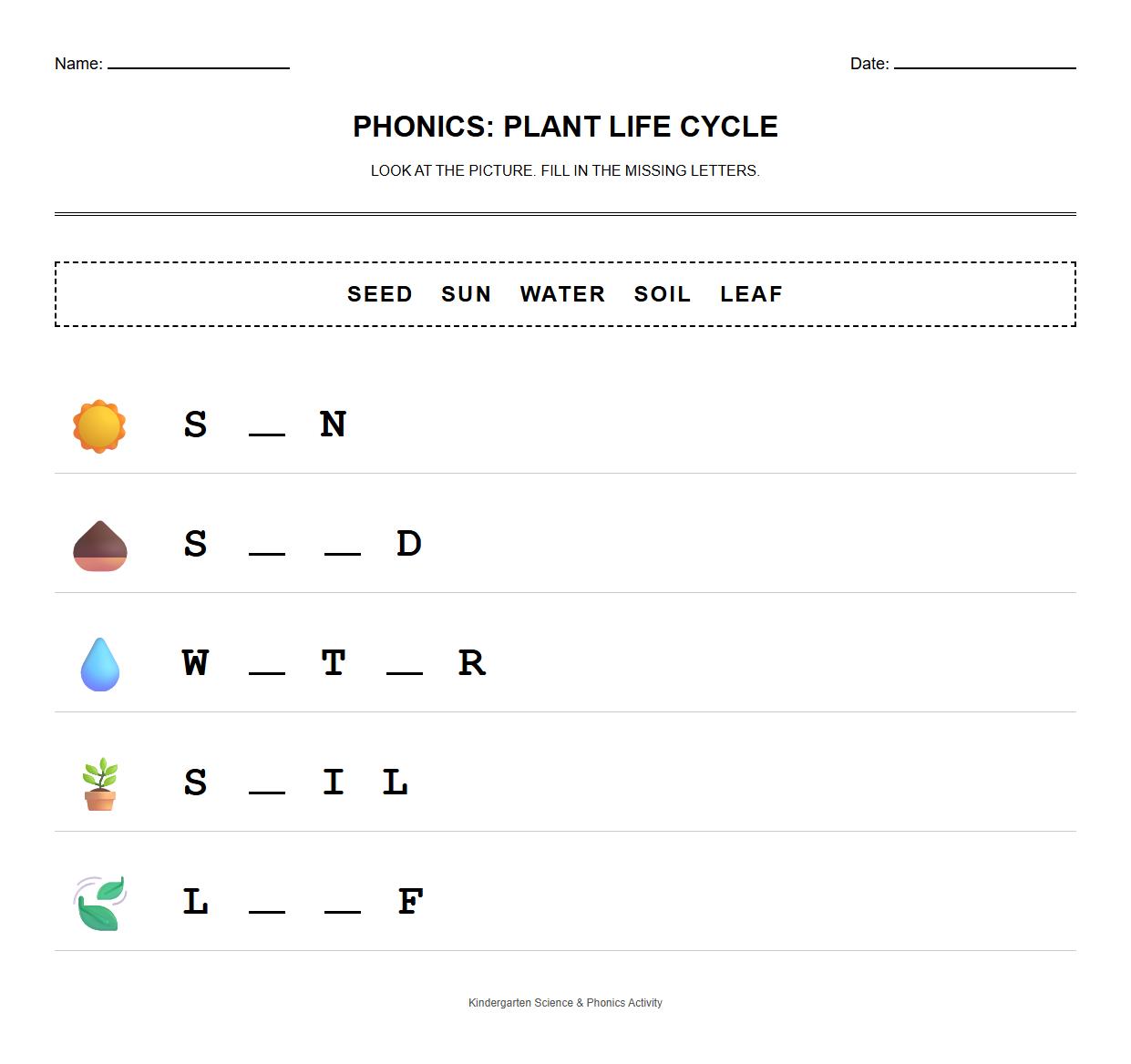 Phonics Fill in the Blanks Worksheet with Sprout Life Cycle Terms