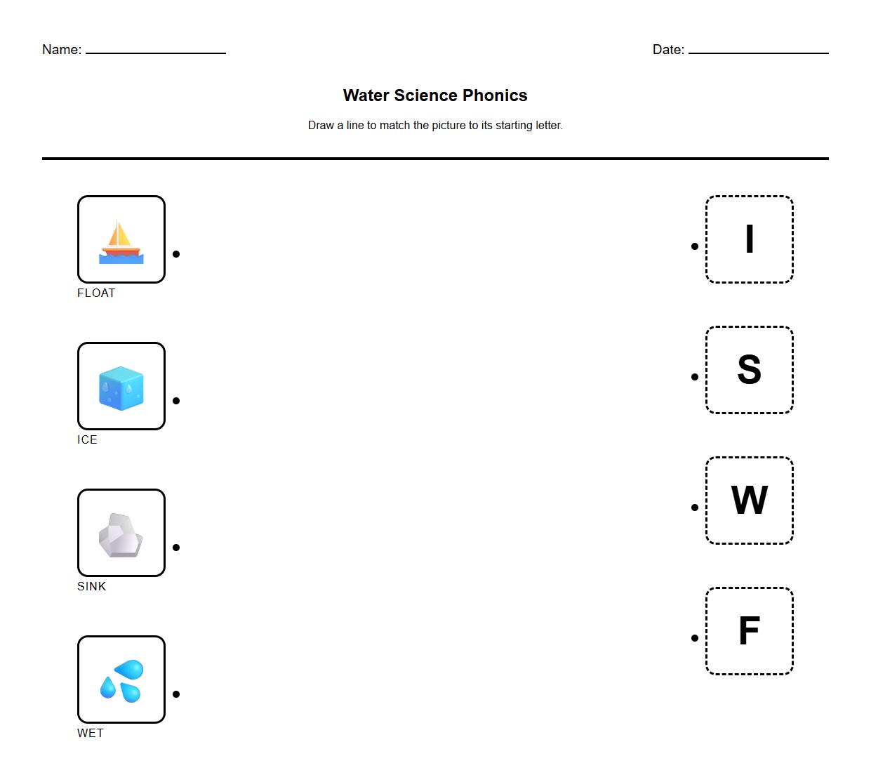 Phonics Matching with Scientific Properties in Water Worksheet