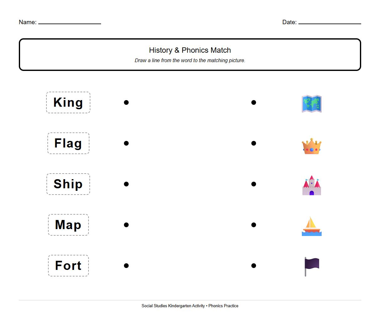 Phonics Matching Words with Historical Pictures Worksheet