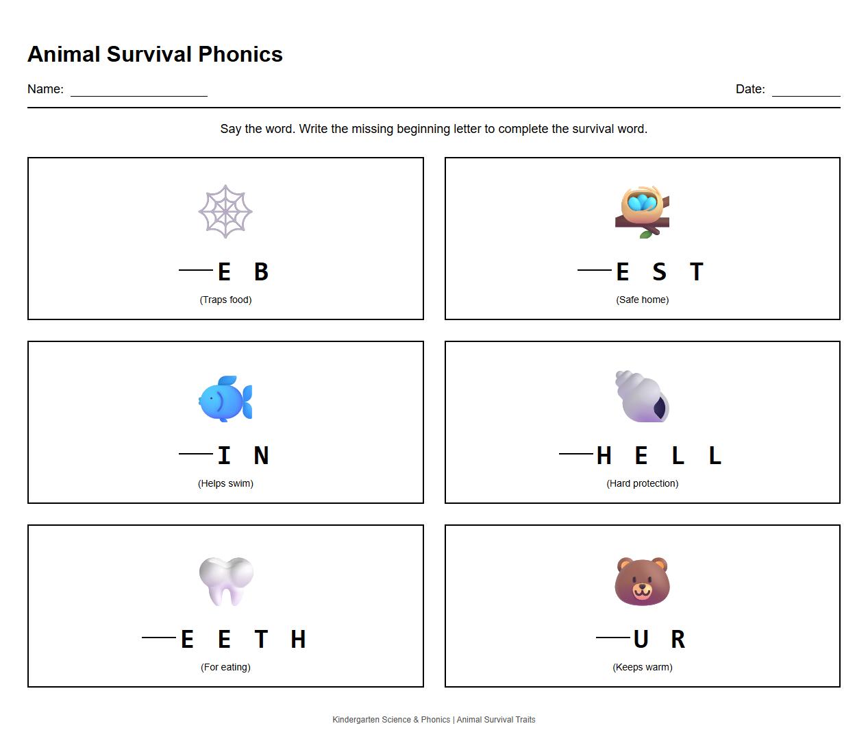 Phonics Practice with Animal Survival Vocabulary Worksheet