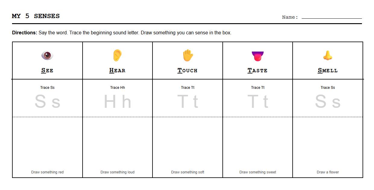 Phonics Practice with Sensory Words for Hearing Touch Sight Taste Smell