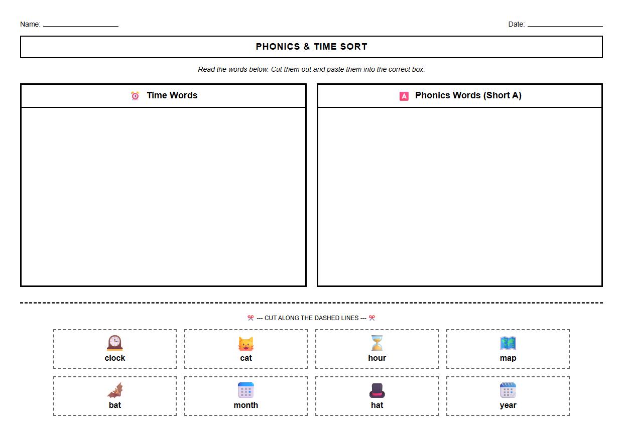 Phonics and Time Vocabulary Sorting Worksheet