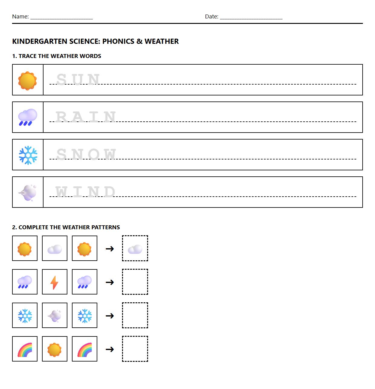 Phonics and Weather Patterns Tracing Practice for Kindergarten Science