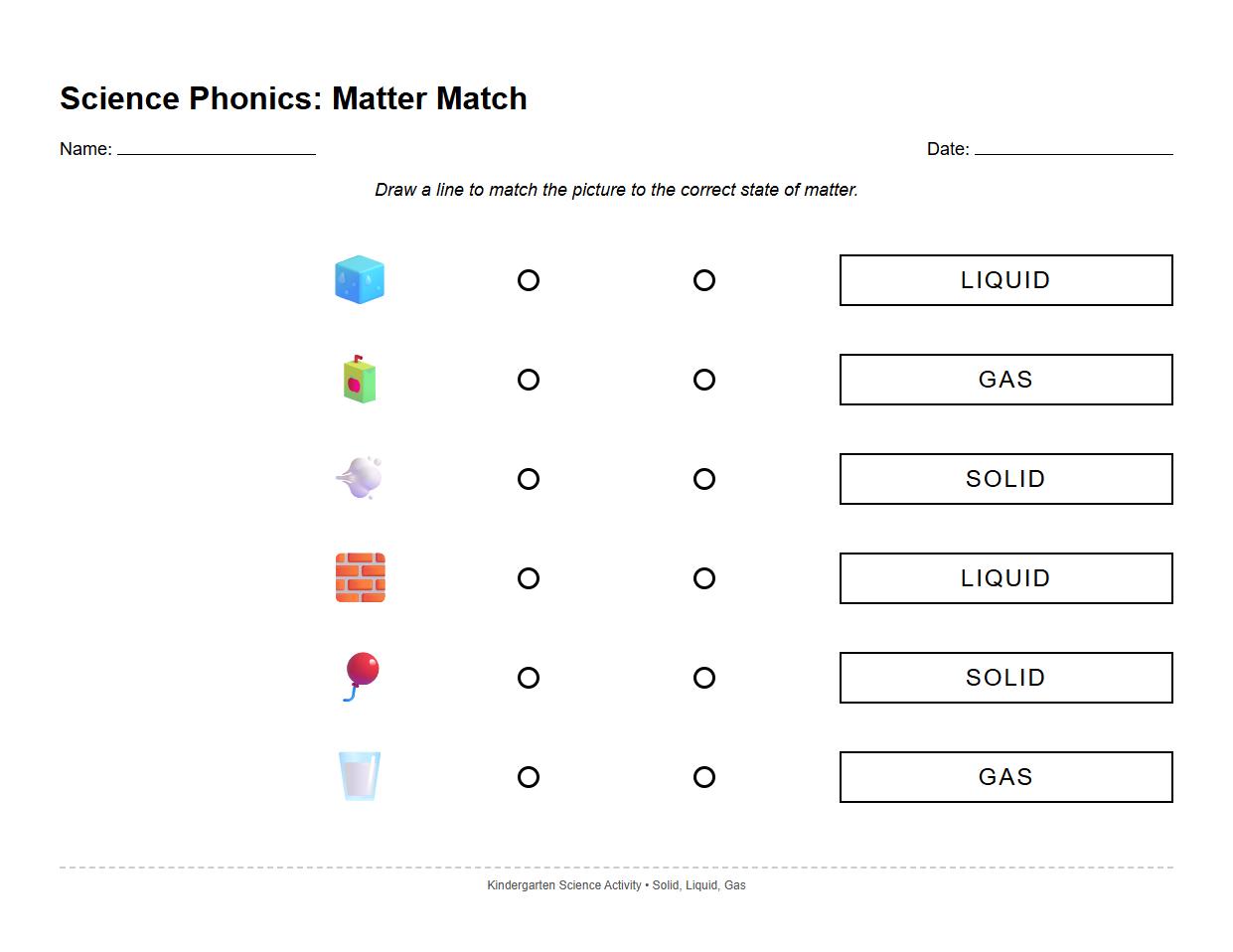 Phonics Word Match on Solid Liquid Gas Vocabulary