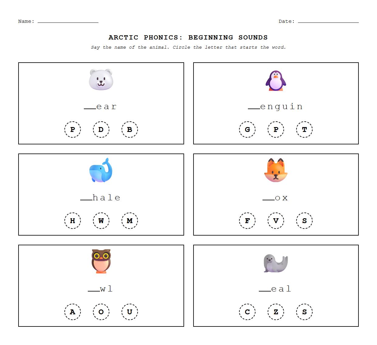 Phonics worksheet identifying arctic animals through sounding out words