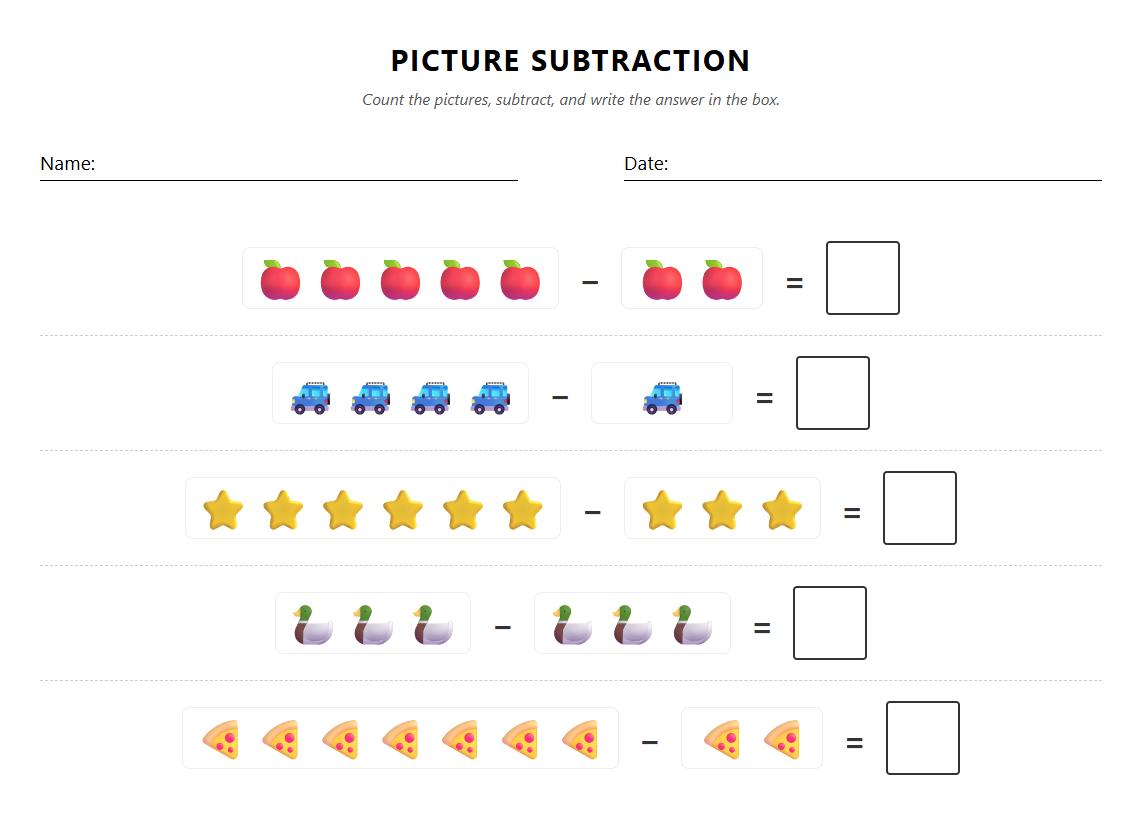 Picture Subtraction Worksheet with Visual Aids