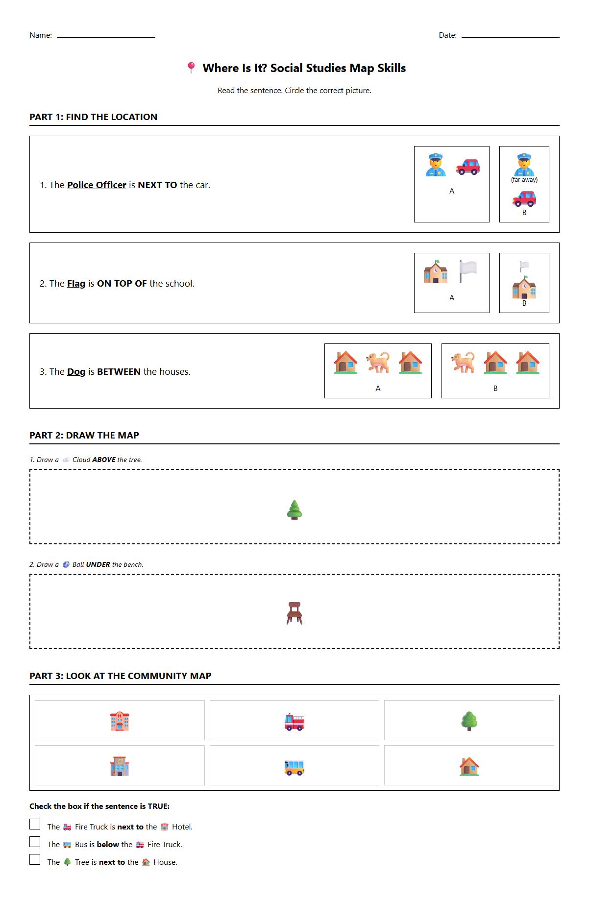 Positional Language Worksheet Focused on Prepositions and Locations