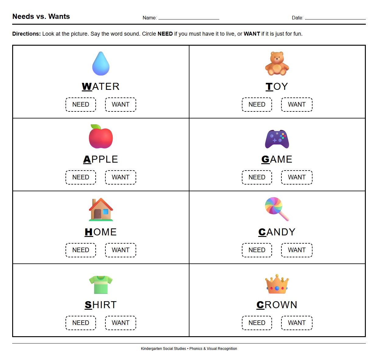 Practical Needs vs Wants Visual Recognition Phonics Exercise
