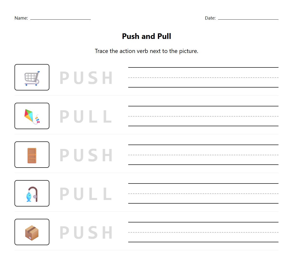 Push and Pull Action Verbs Tracing Worksheet
