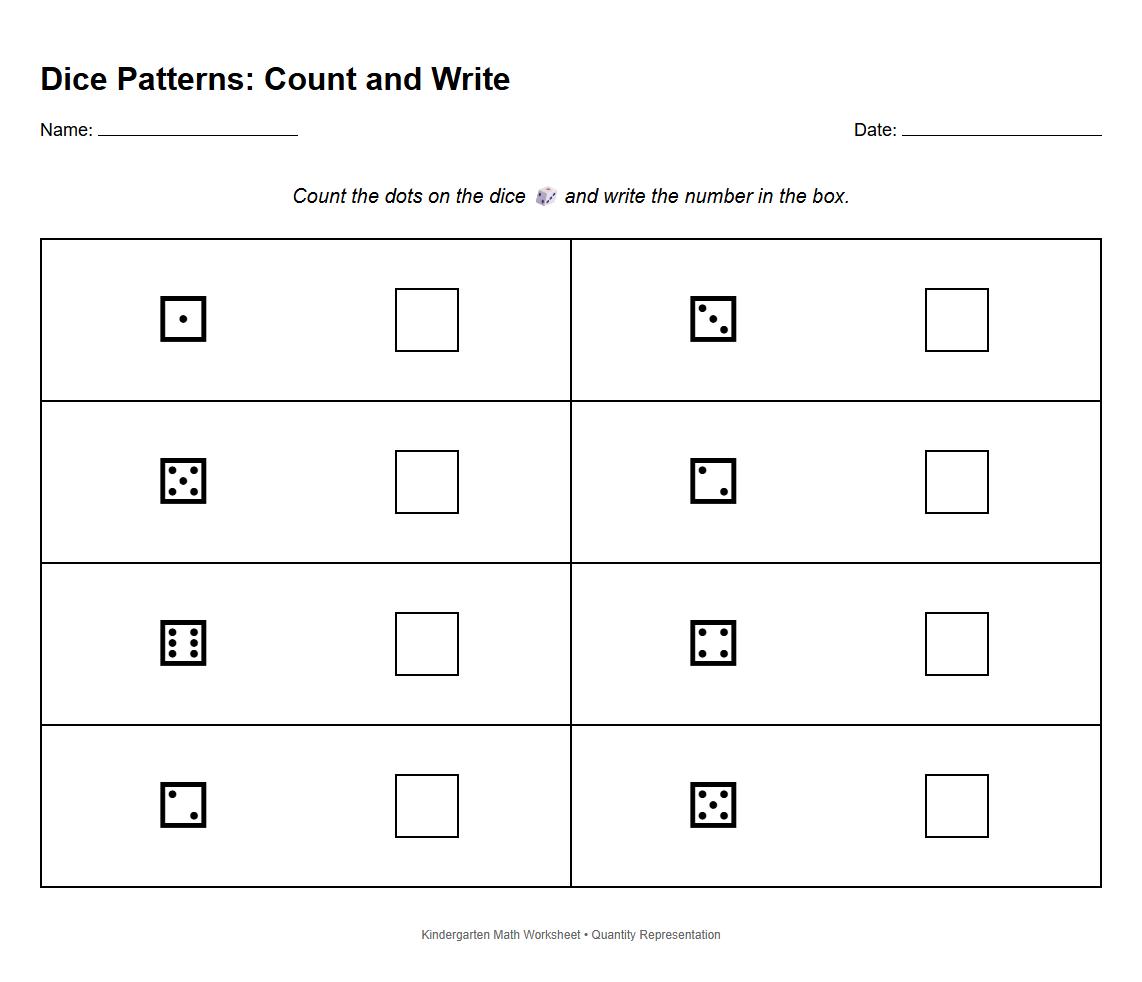 Quantity Representation with Dice Patterns Worksheet