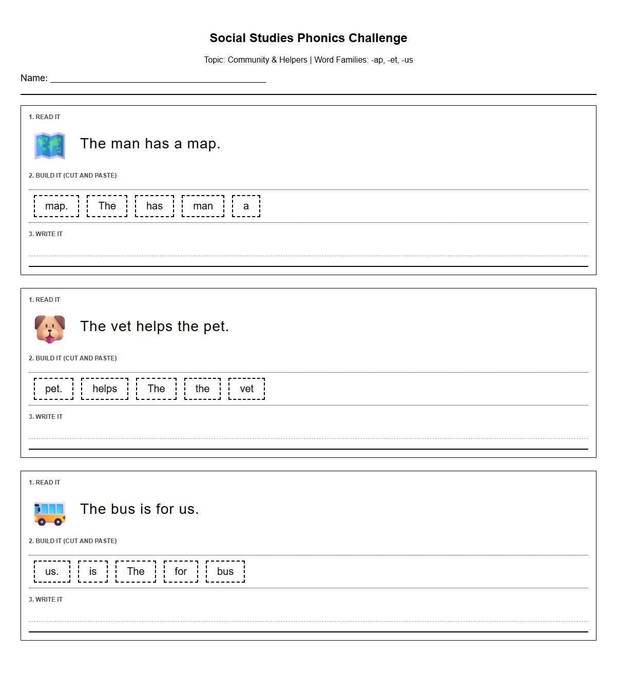 Read, Build, and Write Sentences Using Word Family Phonics Challenge