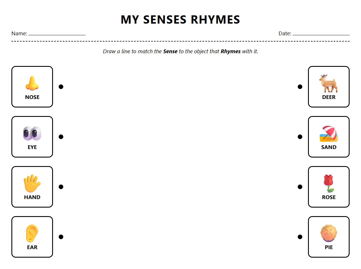 Rhyming word puzzles highlighting senses-related objects