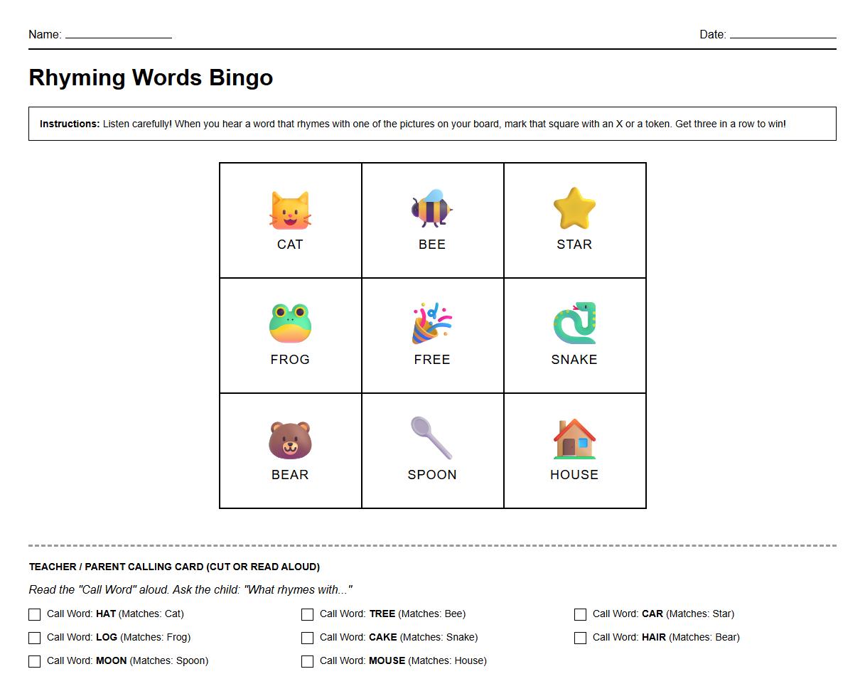 Rhyming Words Bingo for Listening Skills Development