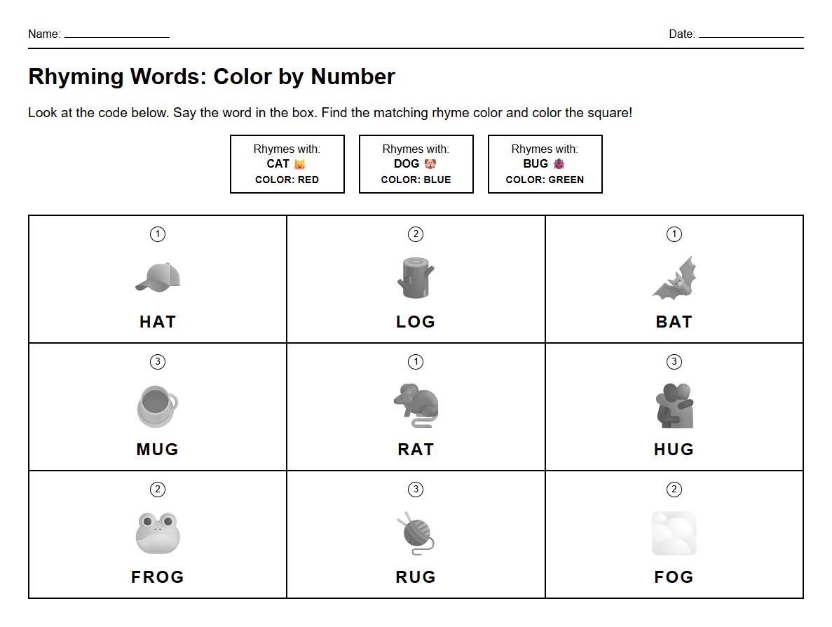 Rhyming Words Color by Number Phonics Practice