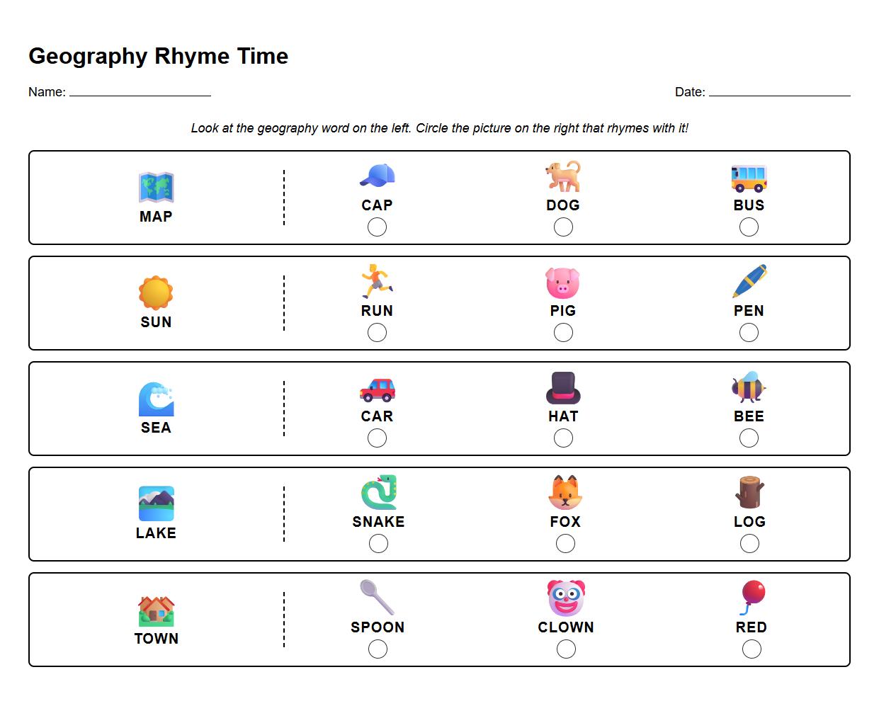 Rhyming Words in Geography Vocabulary Worksheet