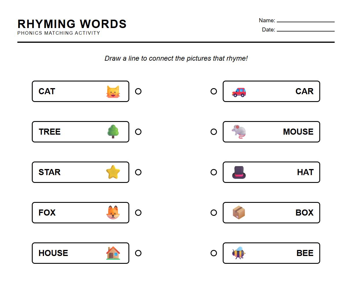 Rhyming Words Matching: Phonics Identification Worksheet