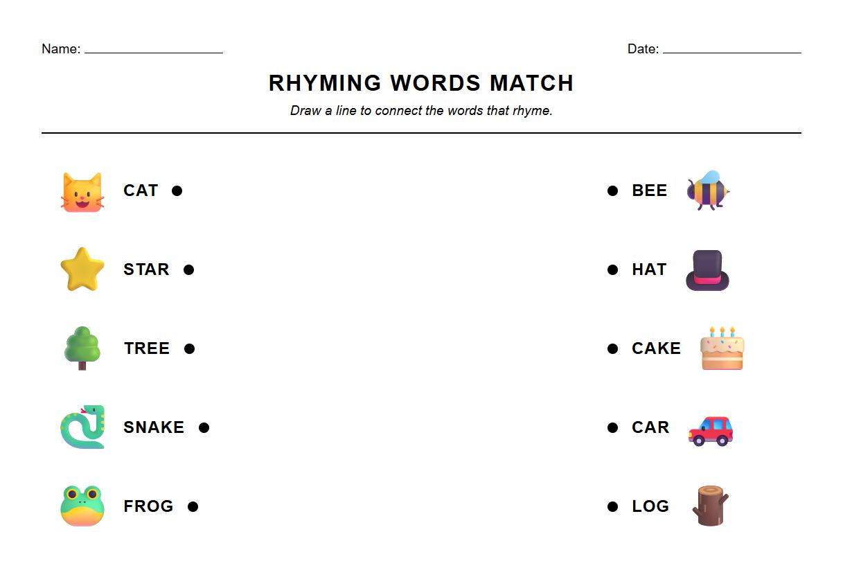 Rhyming Words Matching Visual Discrimination Worksheet Phonics