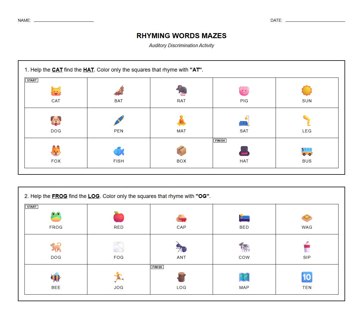Rhyming Words Mazes for Auditory Discrimination