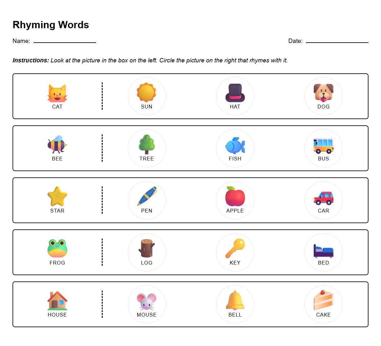 Rhyming Words Recognition Phonics Activity