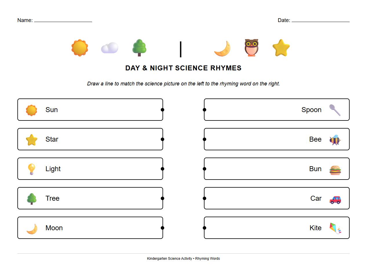 Rhyming words worksheet with day and night scene illustrations
