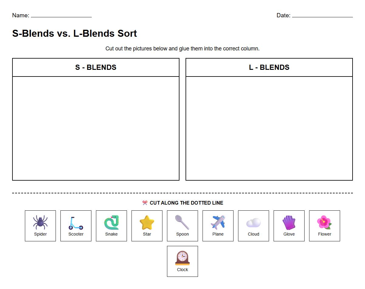 S Blends and L Blends Sorting Task