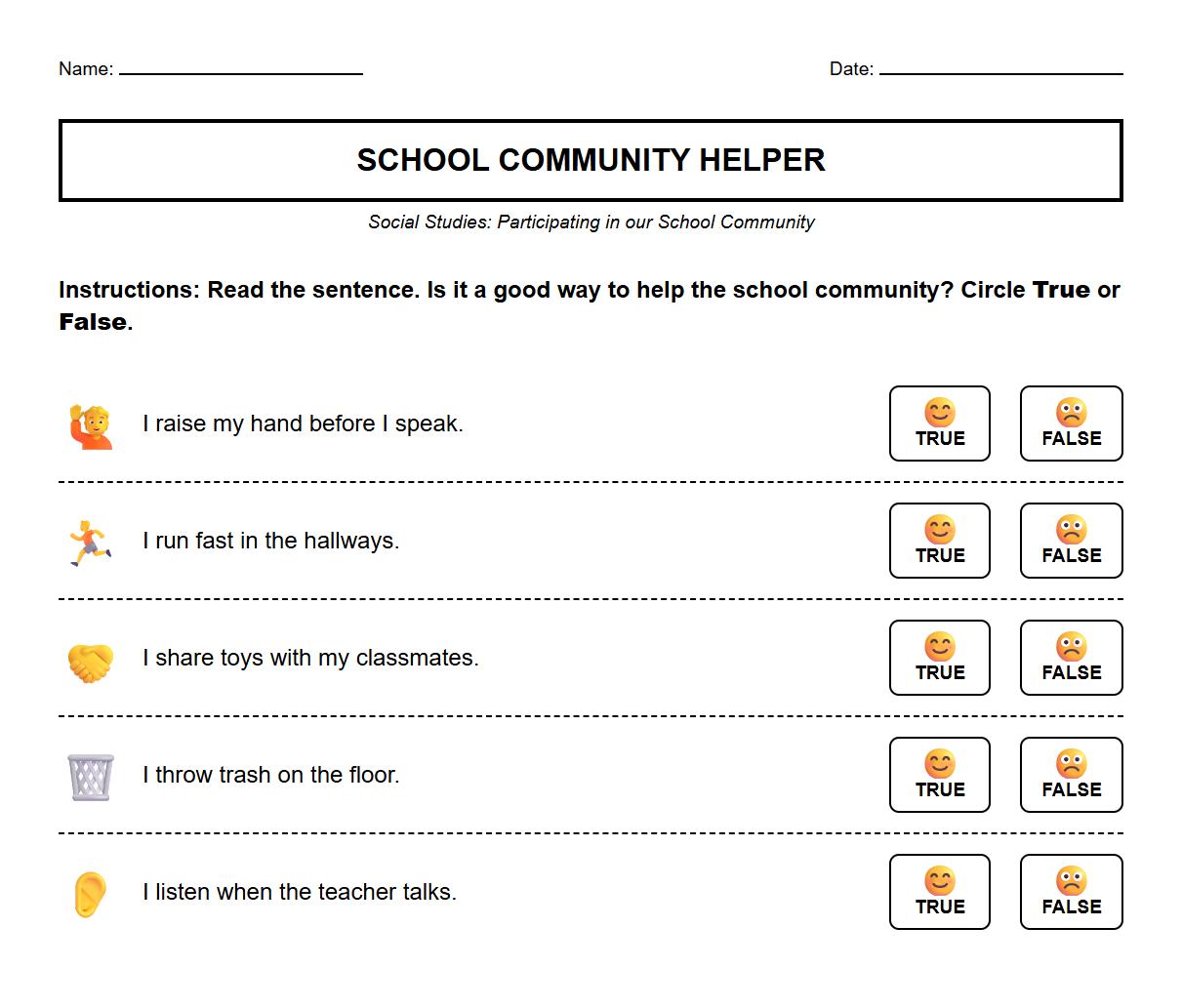 School Community Participation True or False Semantic Analysis Worksheet