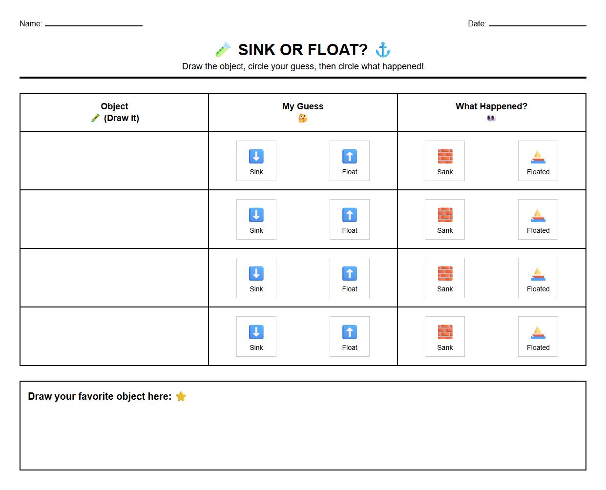 Science Experiment Reflection Sheet for Sink or Float Phenomena