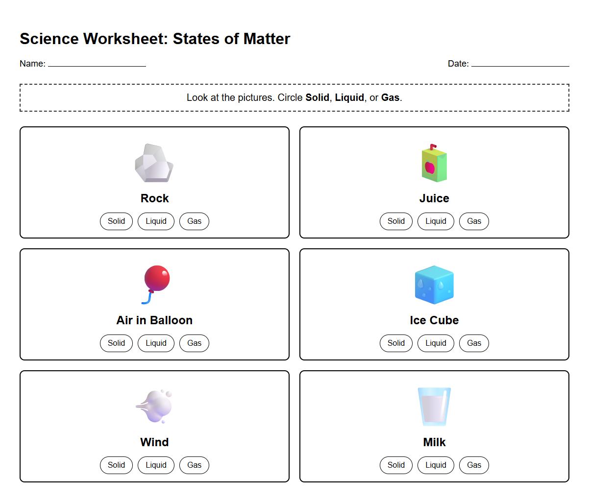 Science Observation Worksheet Solid Liquid Gas Recognition