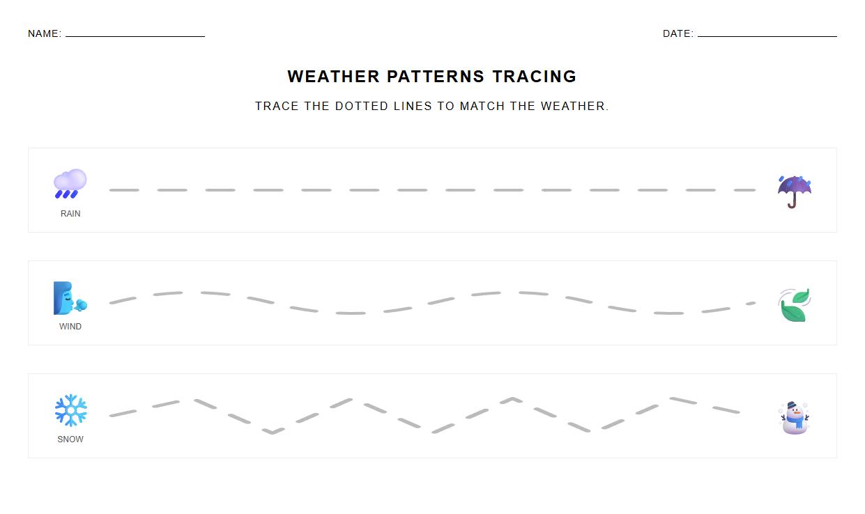 Science Tracing Worksheet on Rain, Wind, and Snow Patterns