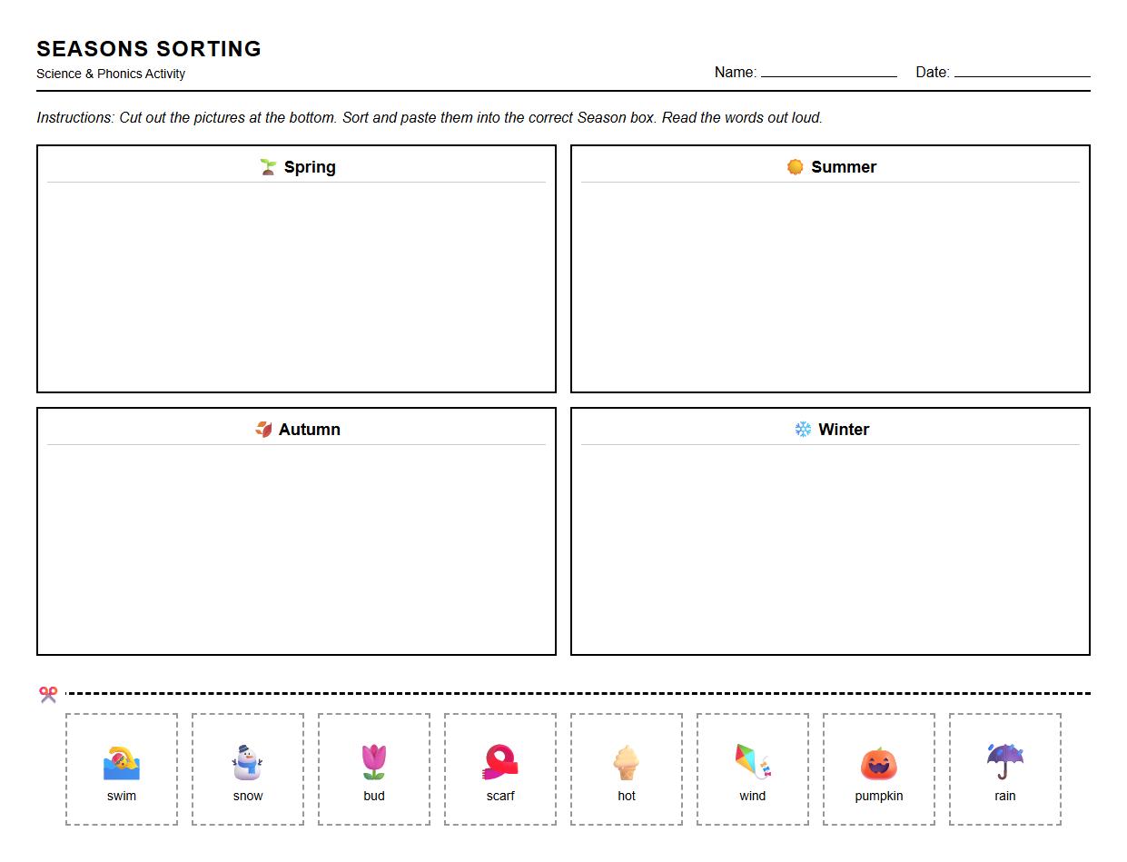 Seasons and Weather Sorting Worksheet for Preschool Phonics