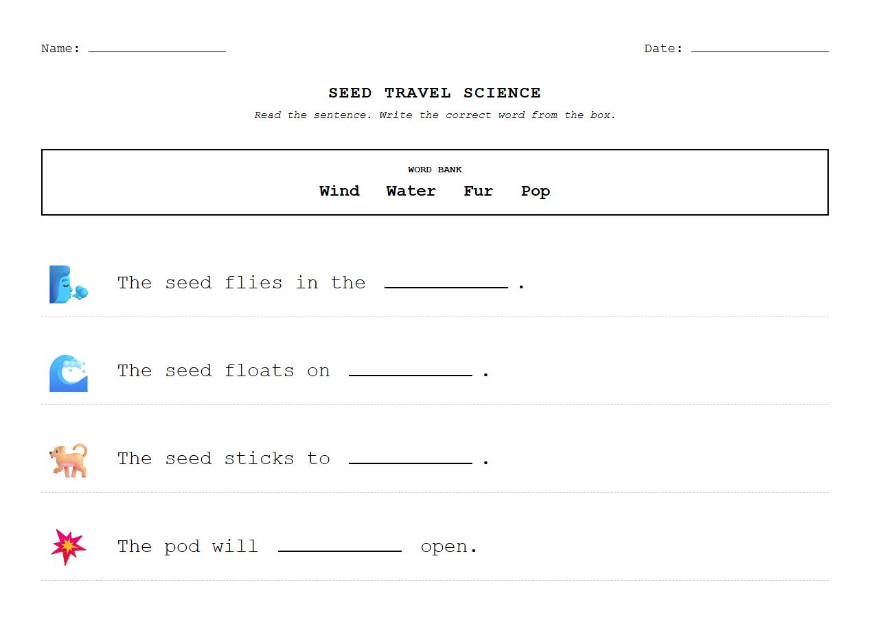 Seed Dispersal Stage Vocabulary Fill in the Blanks Phonics Worksheet