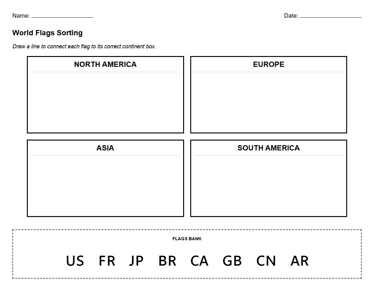Semantic Grouping of Flags by Continent Worksheet