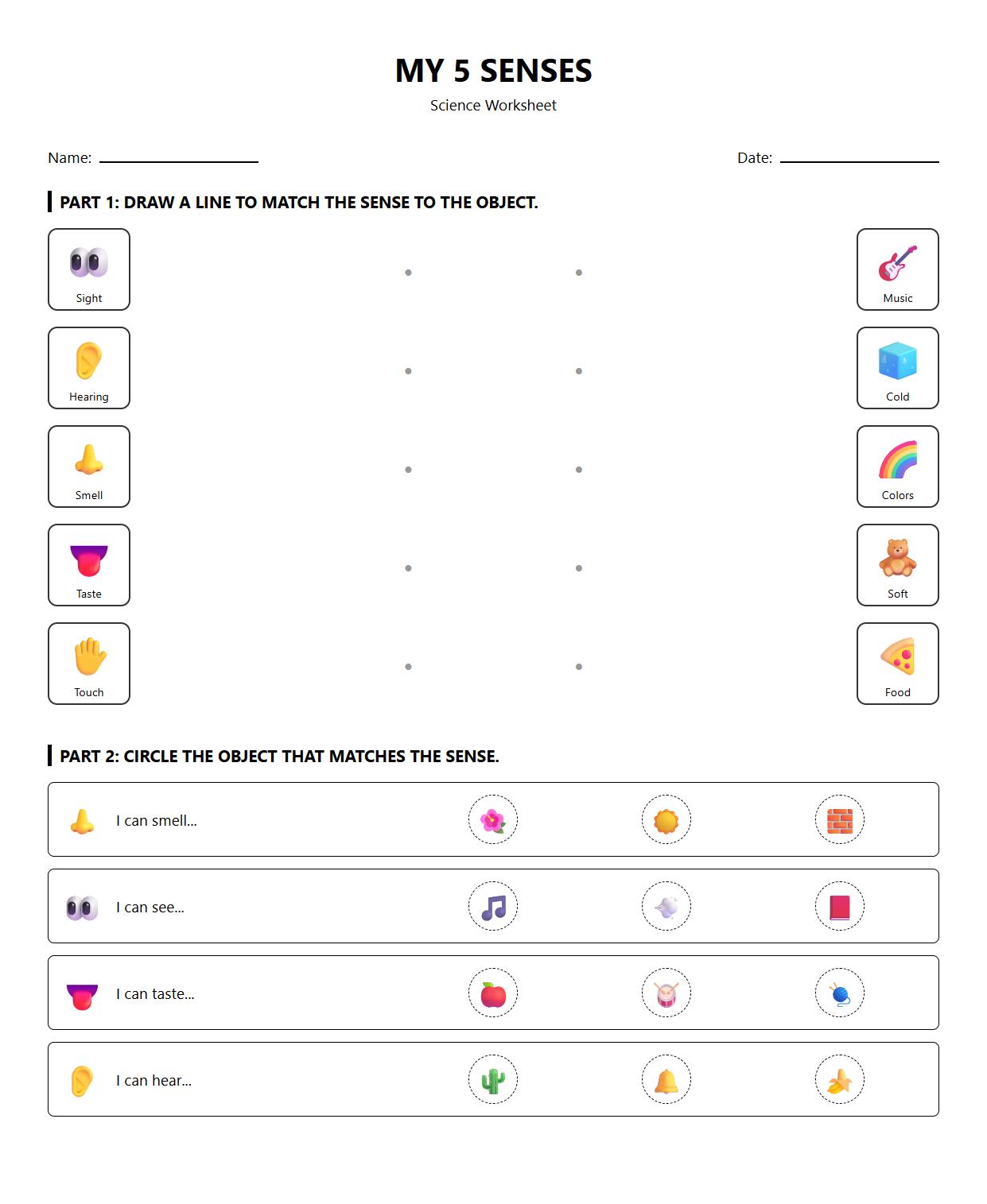 Senses Icons and Function Identification Worksheet