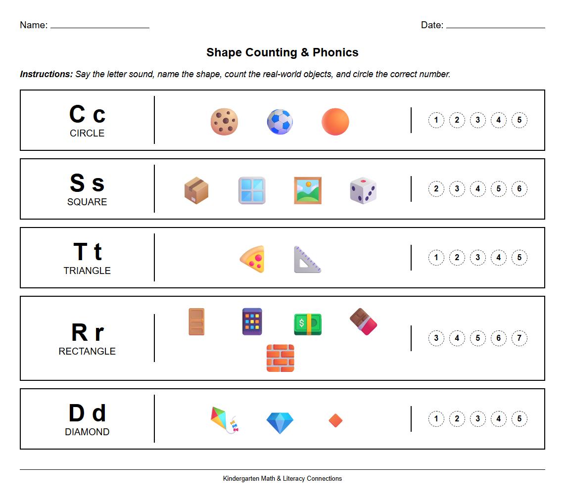Shape Counting Worksheet with Real World Phonics Connections