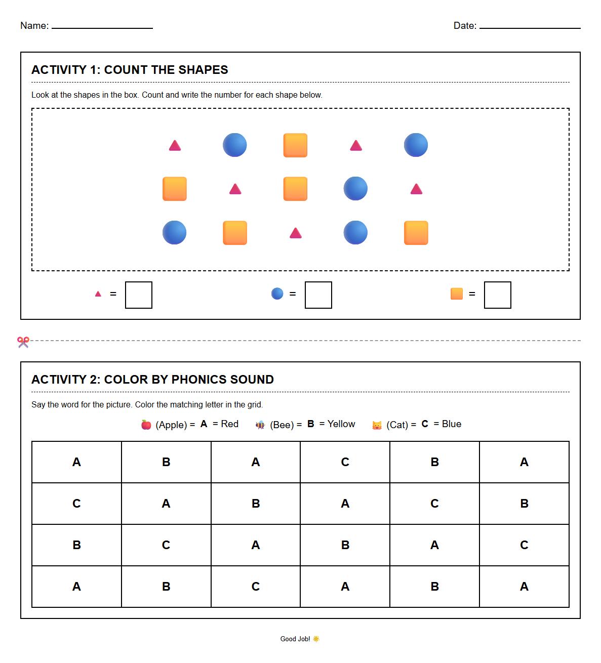 Shape Sorting and Phonics Color by Number Worksheet