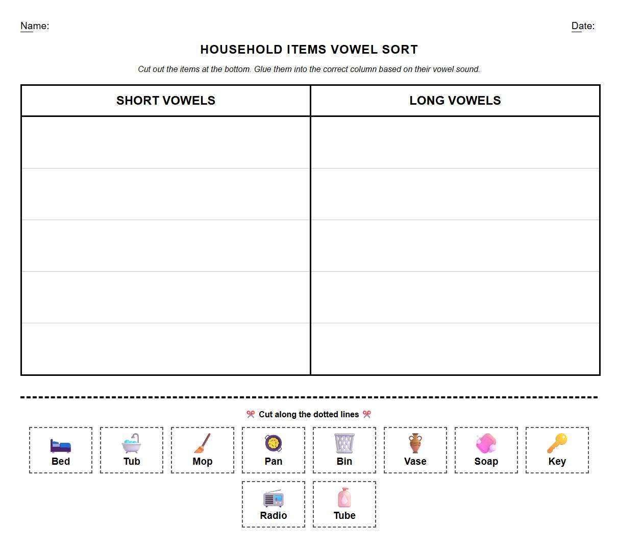 Short and Long Vowel Sorting Worksheet for Household Items