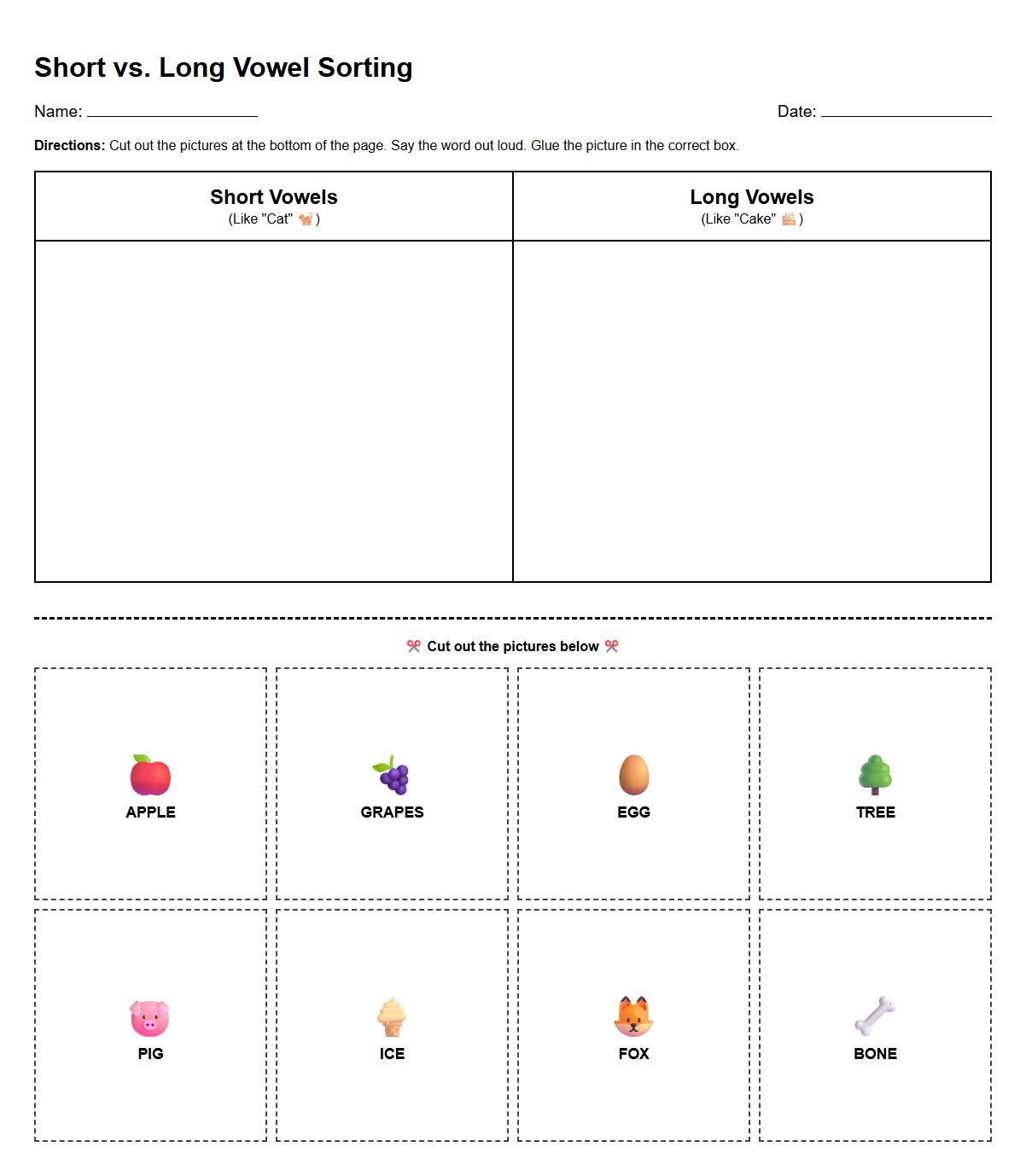 Short and Long Vowel Sound Sorting for Phonics