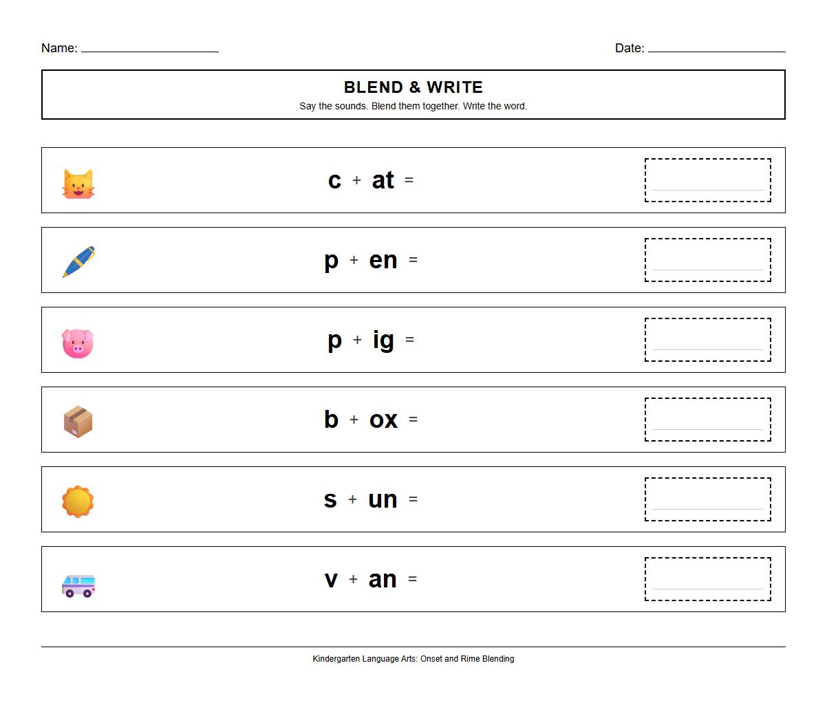 Short Vowel Onset and Rime Word Family Blending Worksheet
